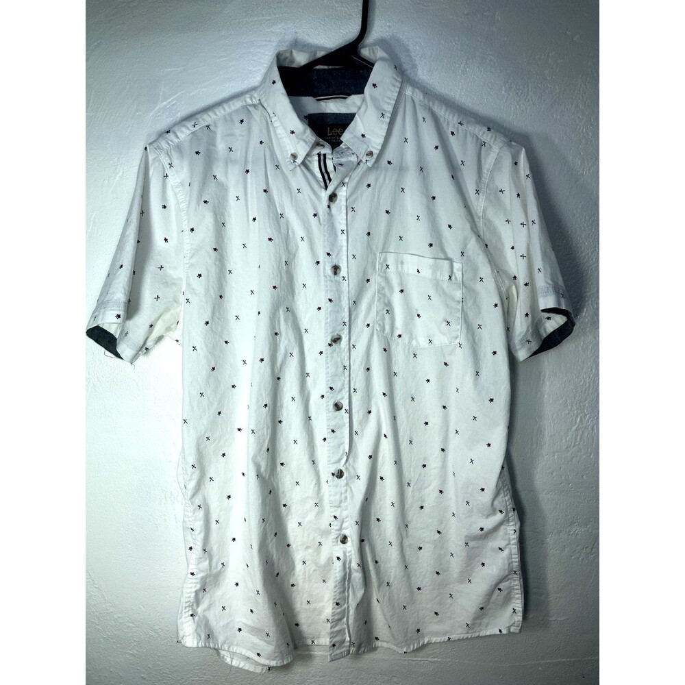 LEE Men's Shirt Button Down Anchor Themed Short Sleeve Medium White Pocket Soft